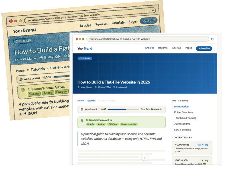 The first article page mockup produced during the conversation, showing a full website template with hero, navigation, content blocks, sidebar and footer all designed from scratch